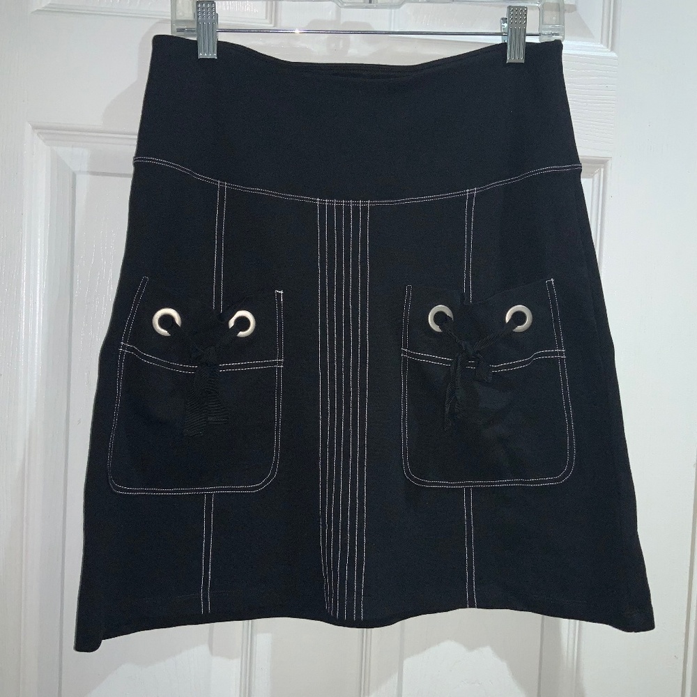 Athena Marie A line skirt front tie pockets Sz M black white topstitching